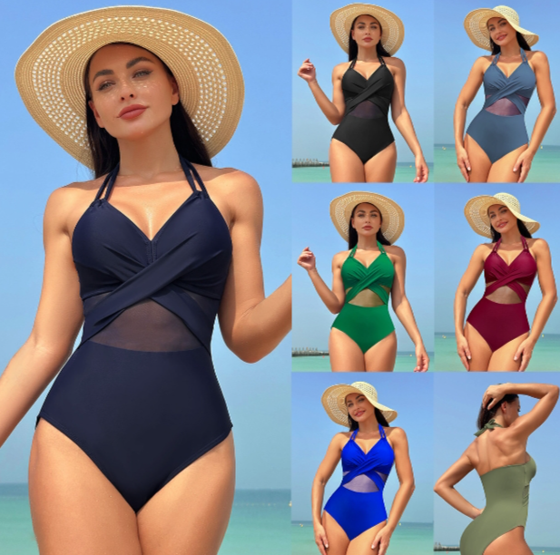 2024 new Europe and the United States one-piece swimming costume female solid colour mesh bikini swimsuit