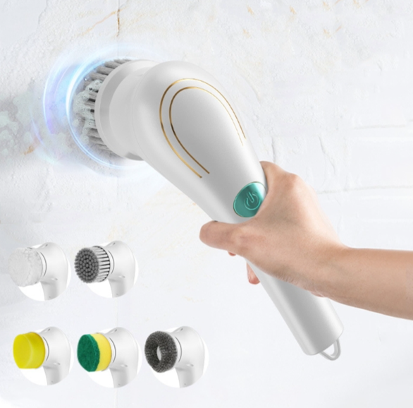 Multifunctional Electric Cleaning Brush Handheld Kitchen Dishwashing Brush Pot Brush with 5 Replacement Heads