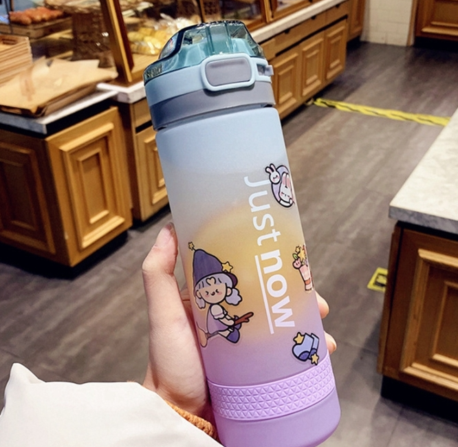 Cartoon girl straw cup fresh frosted gradient scale plastic cup portable cup
