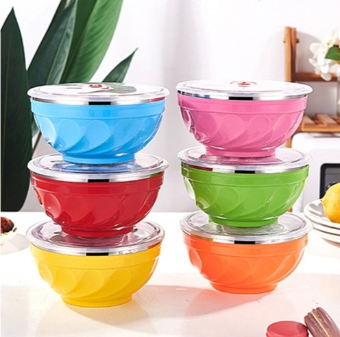 6 pieces/set sold 17cm double-layer stainless steel bowl with lid, children&#039;s insulated rice bowl (6 colors)