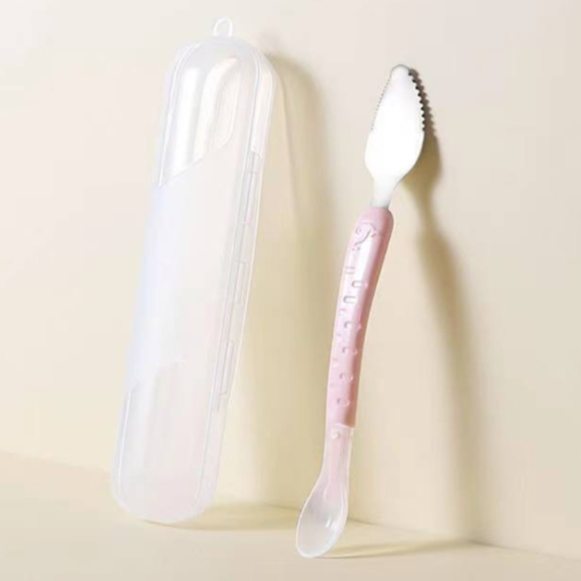Baby fruit double-headed mud scraper 304 stainless steel silicone soft spoon baby spoon mud scraper with storage box