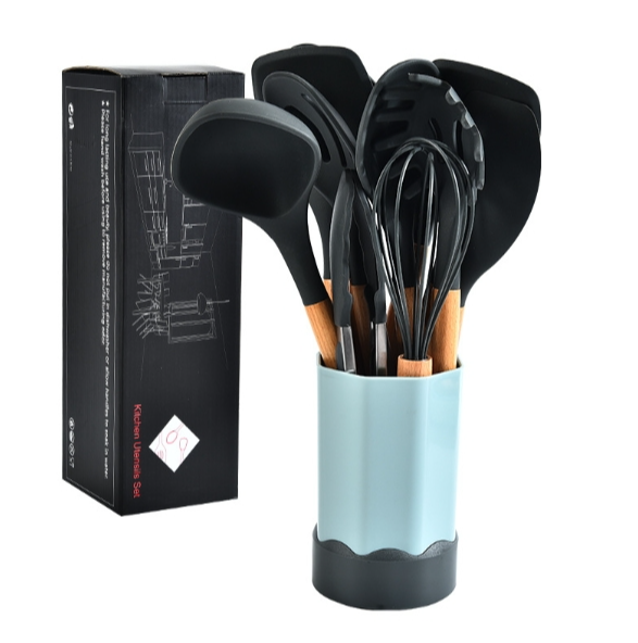 Beech silicone kitchenware set with storage bucket