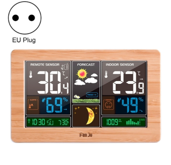 FUJU bamboo wood grain weather clock temperature and humidity meter LED screen alarm clock (European standard yellow)