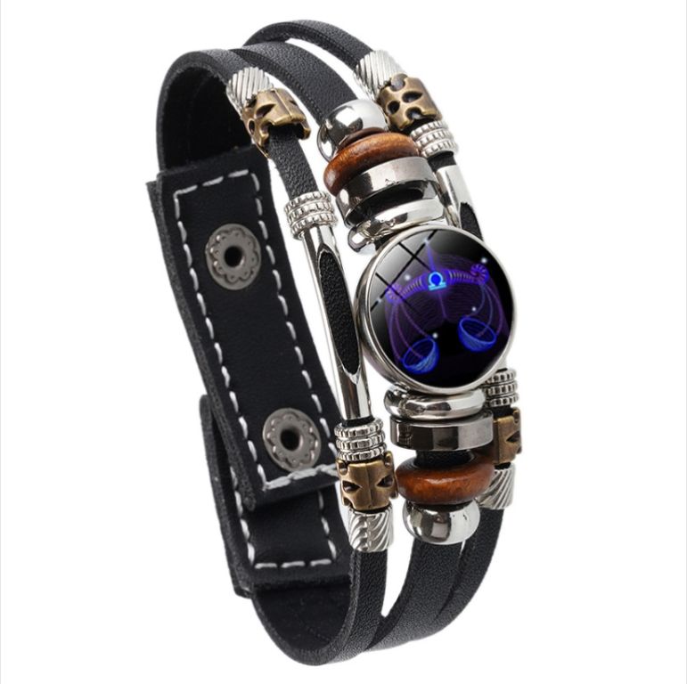 Twelve Zodiac Glow-in-the-Dark Leather Bracelet with Beaded Weave, Style: Libra