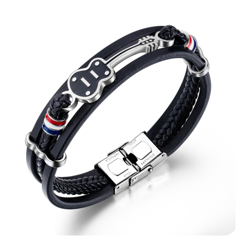 Titanium Steel Men&#039;s Leather Bracelet with Personalized Multi-Layer Woven Cuff