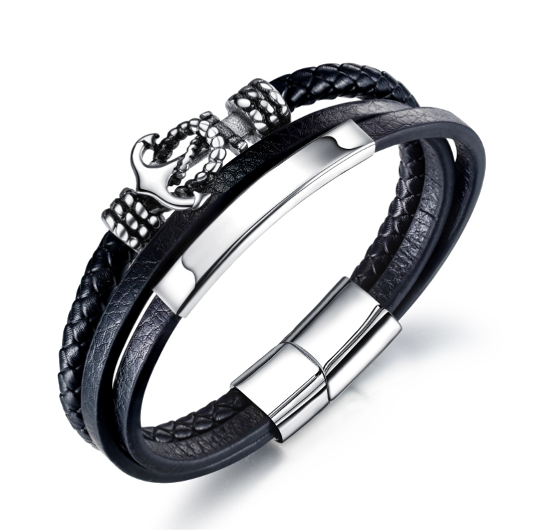 Stainless Steel Ship Anchor Men&#039;s Leather Bracelet with Multi-Layer Woven Vintage Bracelet