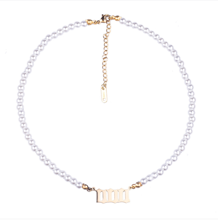 Angel Number Necklace with Pearl on Stainless Steel Choker (000 Gold Color)