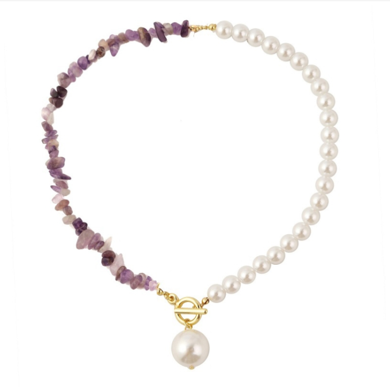 Bohemian Colorful Natural Stone Necklace, Model: N2106-22 Purple Stone Single Chain