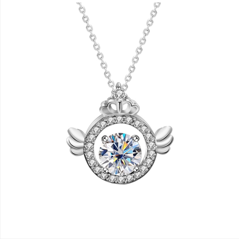 Moissanite Necklace with 925 Sterling Silver Crown Pendant Choker (1 Carat, White Gold Plated)