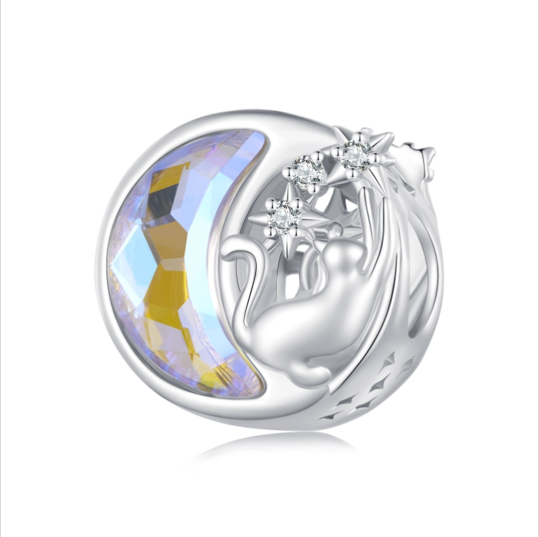 S925 Sterling Silver Necklace Pendant Accessory with Cute Cat and Moon DIY Beaded Bracelet