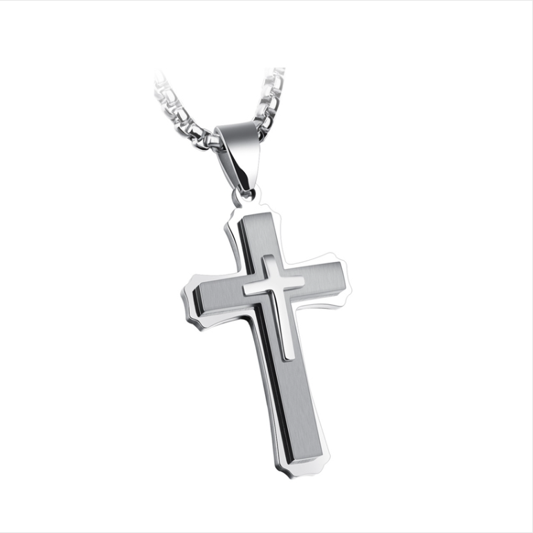 Three-layer Cross Necklace, Titanium Steel Men&#039;s Necklace, Color: Natural Tone Pendant with 3x55cm Pearl Chain