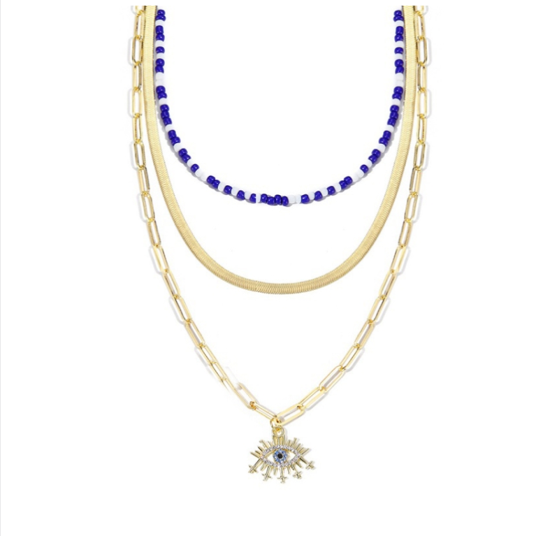 Angel Eye Pendant Multi-layer Necklace, Model: N2210-6 with Rice Bead Snake Chain in Three Layers