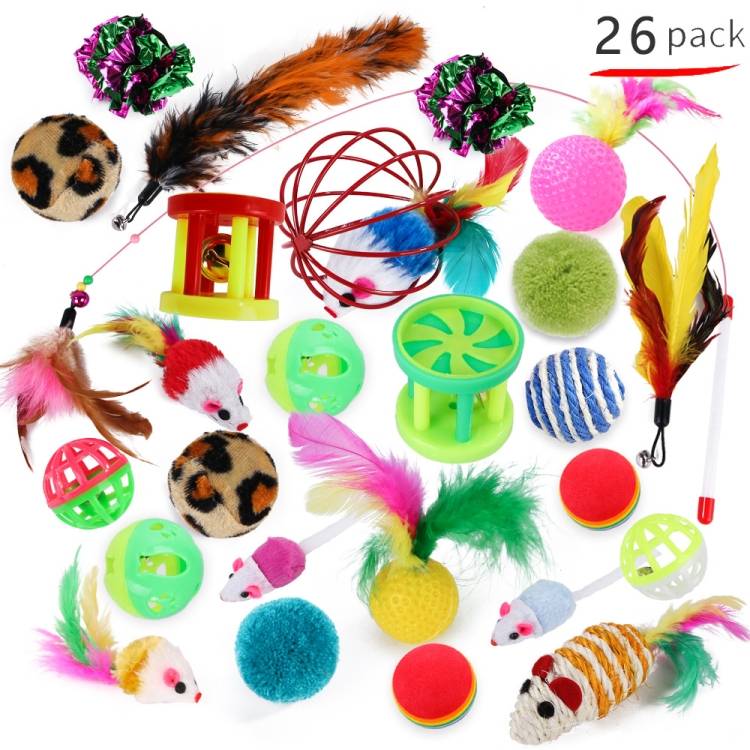 26 piece set of cat combination toys, cat teaser sticks, mouse bells, balls, feathers