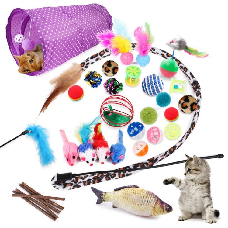 28 piece set of pet cat toys, feather mice, cat teaser channel, sisal ball, grinding teeth toys