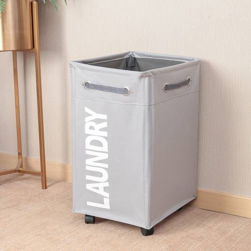 Bathroom Oxford Waterproof Dirty Clothes Laundry Foldable Storage Basket Hamper with Wheels(Light Grey)
