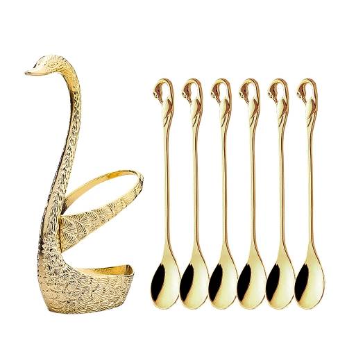 Swan Fruit Fork And Spoon Set Dessert Fork Fruit Fork Rack Tableware Wedding Gift, Colour: Golden Stripe With 6 Spoons