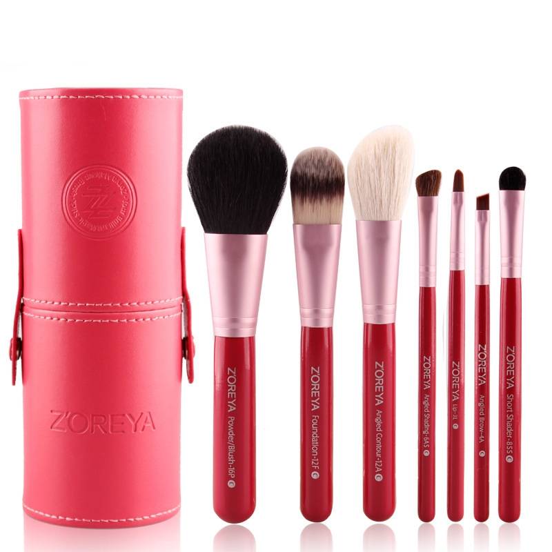 ZOREYA 7-in-1 Portable Bucket Makeup Brush Set Beginner Makeup Bucket Brush, Appearance Color: Red