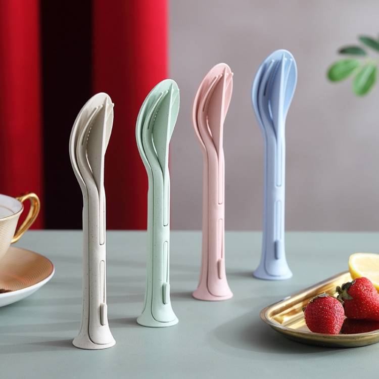 2 PCS 3 in 1 Wheat Straw Portable Knife, Fork, Spoon Cutlery Set