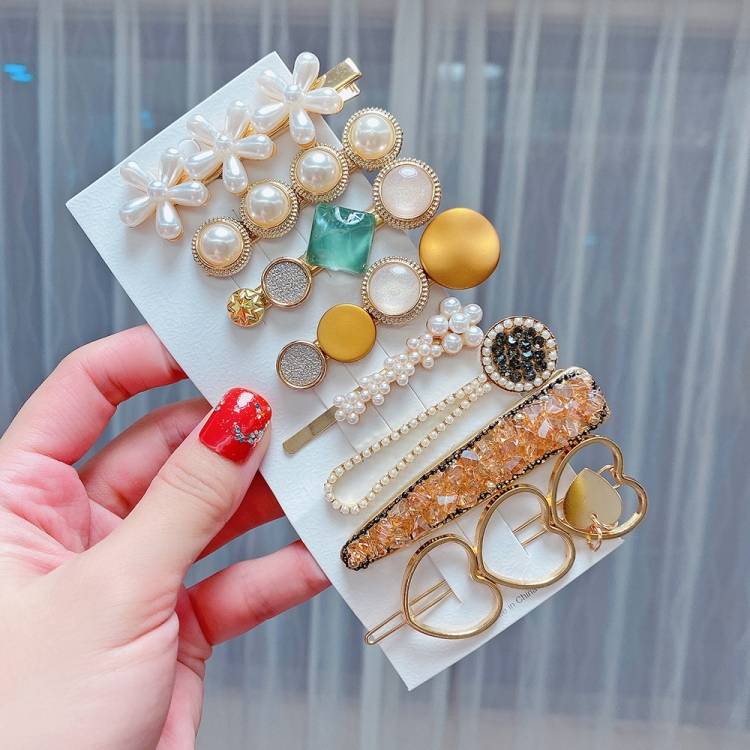 8-piece set - Heavy Industry Alloy Colorful Hair Card Headpiece Pearl Diamond Clip Set