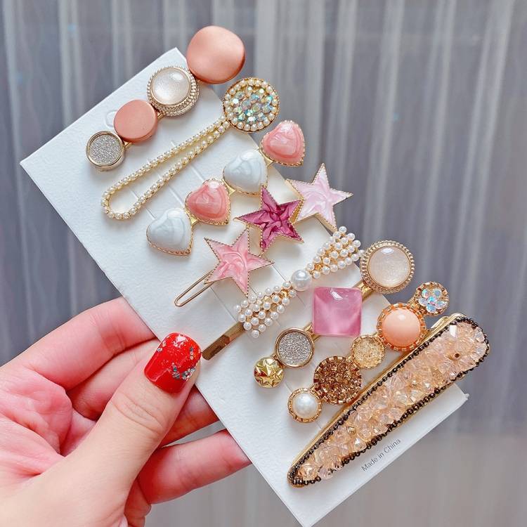 8-piece set - Cherry Blossom Alloy Colorful Hair Card Headpiece Pearl Water Diamond Clip Set