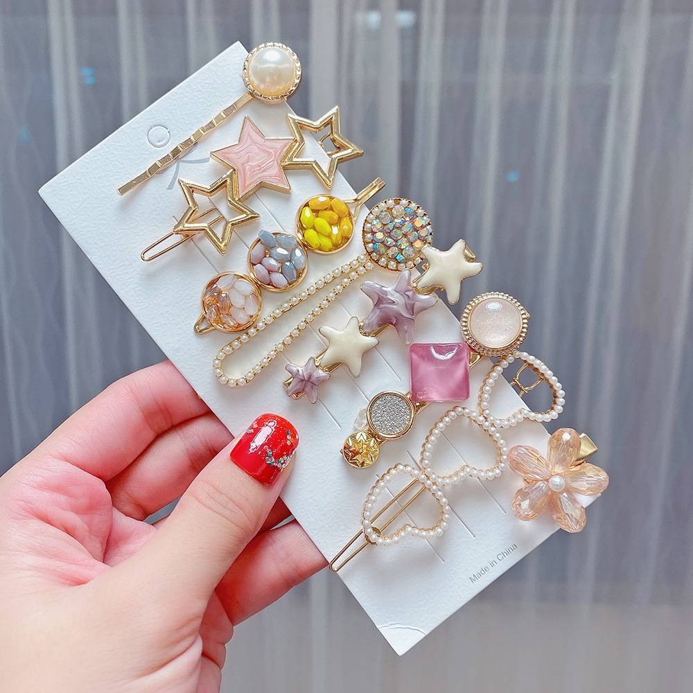 8-piece set - Cherry Blossom Powder Alloy Colorful Hair Card Headpiece Pearl Water Diamond Clip Set