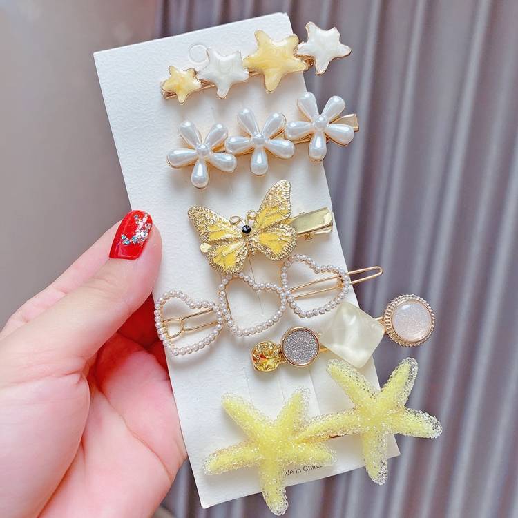 6-piece set - Yellow alloy colored hair clip headpiece pearl rhinestone clip set
