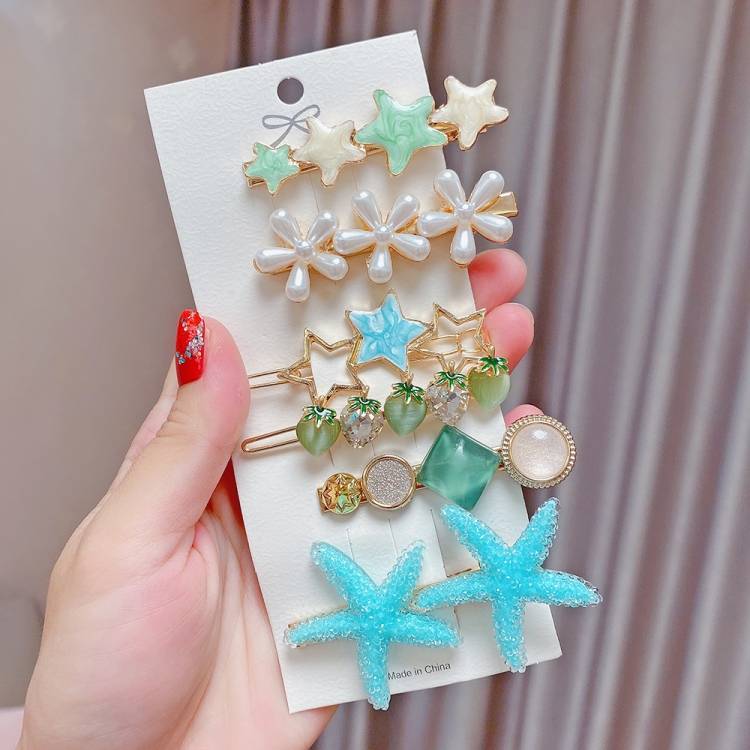 6-piece set - Fresh green alloy colored hair clip headwear pearl rhinestone clip set
