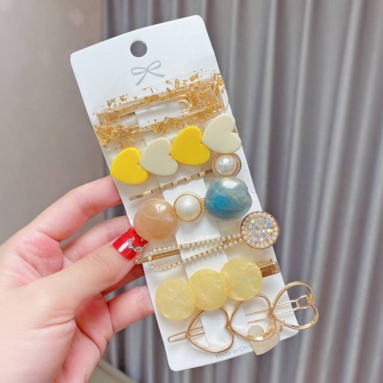 7-piece set - Peach Heart Yellow Alloy Colored Hair Card Headpiece Pearl Water Diamond Clip Set