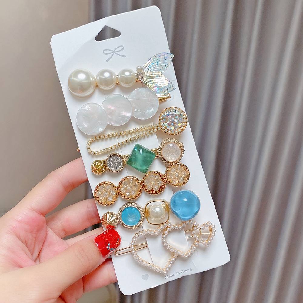 7-piece set - White Shell Alloy Colorful Hair Card Headpiece Pearl Water Diamond Clip Set