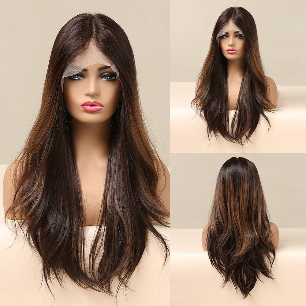 Middle part wavy hair wig hand hook highlights lace wig
