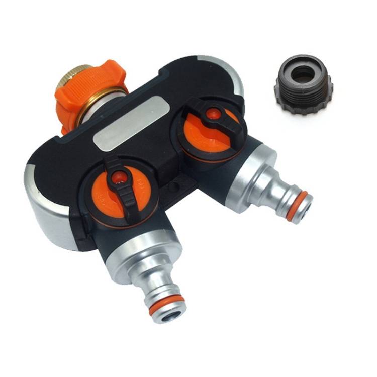 Plastic conversion joint for garden irrigation and flower watering with one and two faucets and water distributor