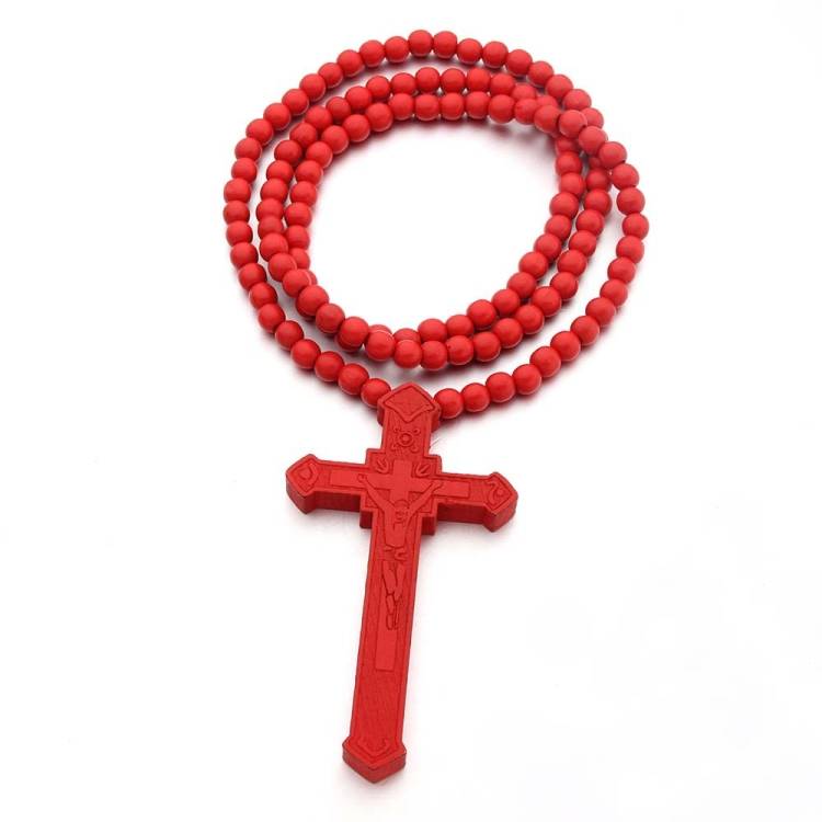 Cross laser carved wooden bead necklace