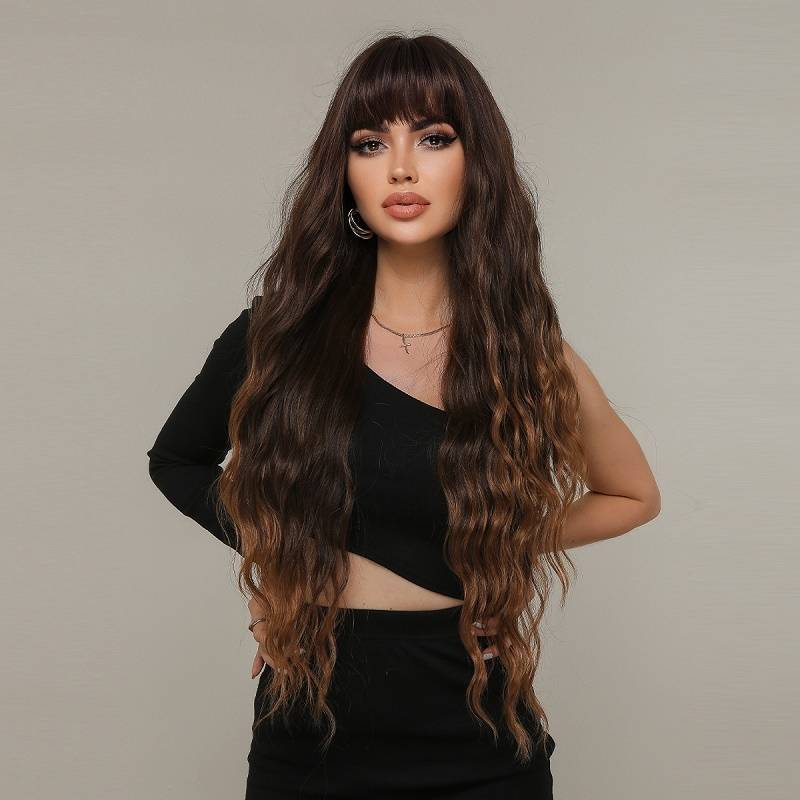 Women&#039;s wig with bangs Long hair gradient fluffy water wavy hair wig