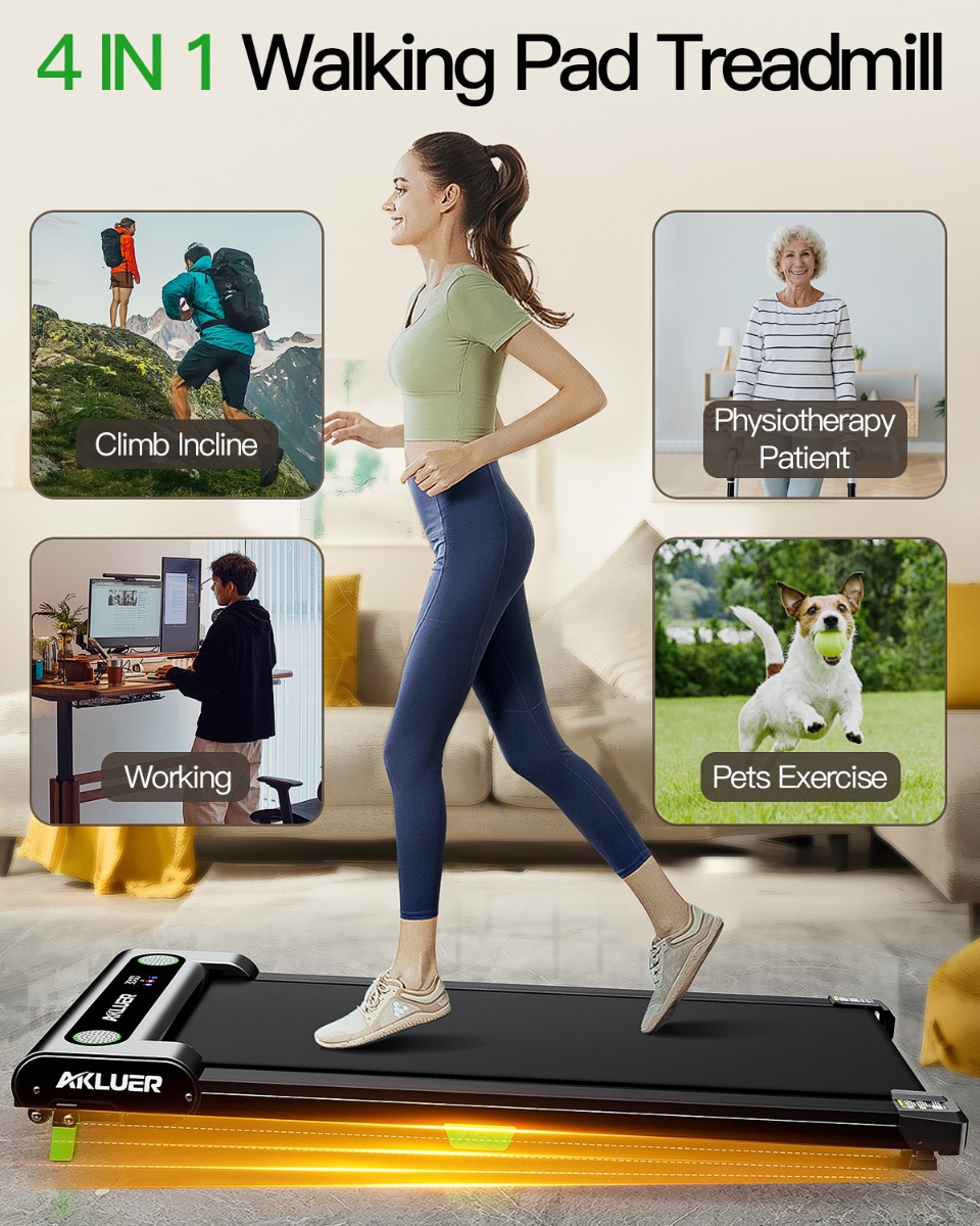 Akluer 480L-A Under Desk Walking Pad Treadmill with 5 Percent Incline Quiet Motor 1 to 6 km/h Speed Remote Control and 150kg Capacity