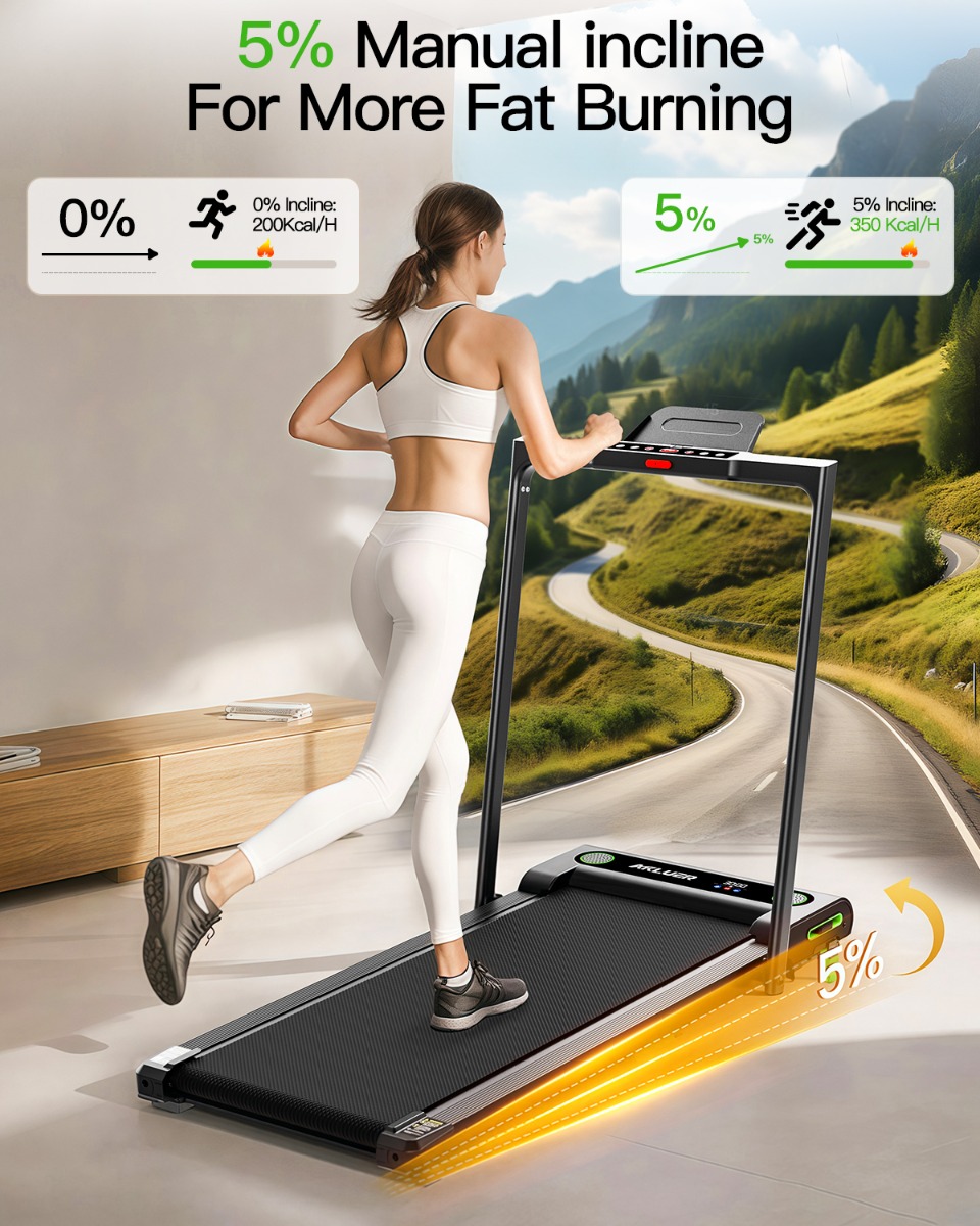 Akluer 480L-B Foldable Walking Pad Treadmill with Incline and Handrail 6 km/h Quiet Motor 150kg Capacity for Home and Office