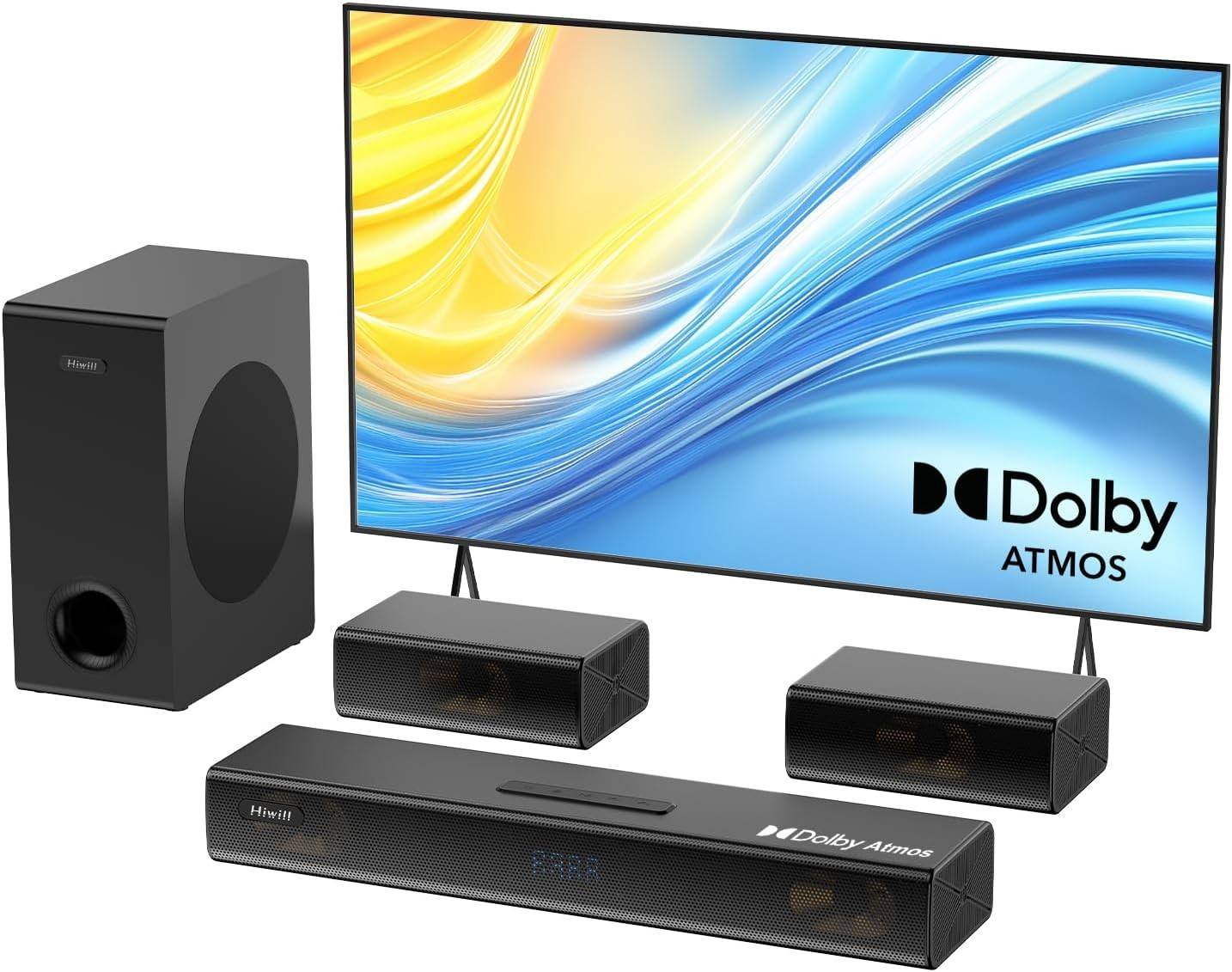 Hiwill HiElite A41 Pro 4.1ch Dolby Atmos Soundbar, 320W Sound Bar for Smart TV with Subwoofer, 2 Side-Firing Tweeters, 2 Front Surround Speakers, Home