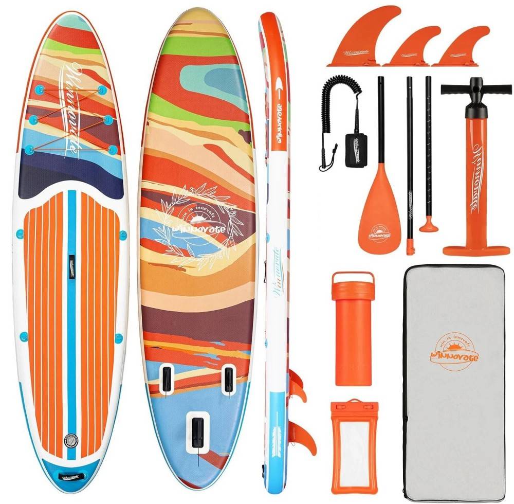 [EU Direct] InnoExpo Wood Series 335*84*15CM Inflatable Stand Up Paddle Board, Extra-Wide Stable ISUP with 3 Fins, Complete Retro Surfboard Kit for Fa