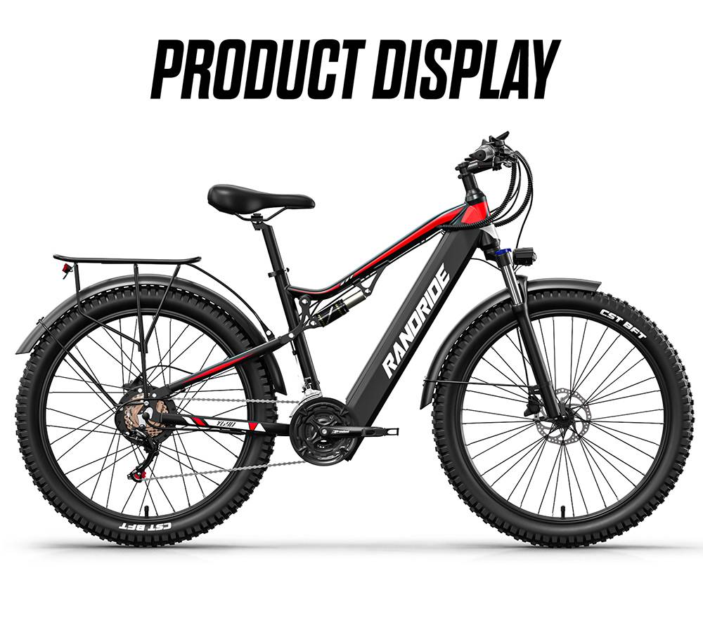 RANDRIDE YG90B Electric Bike 1000W Motor 45km/h Max Speed 48V17Ah Removable battery 80-90KM Max Range 27.5*2.4'' CST Tires 120km